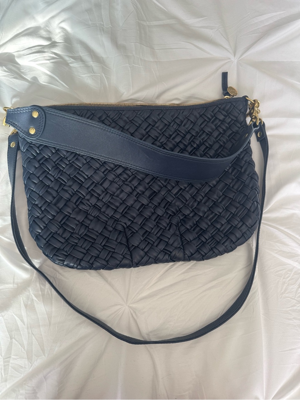 Woven Navy Crossbody Bag with Gold Hardware